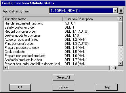 Create Function/Attribute Matrix dialog box